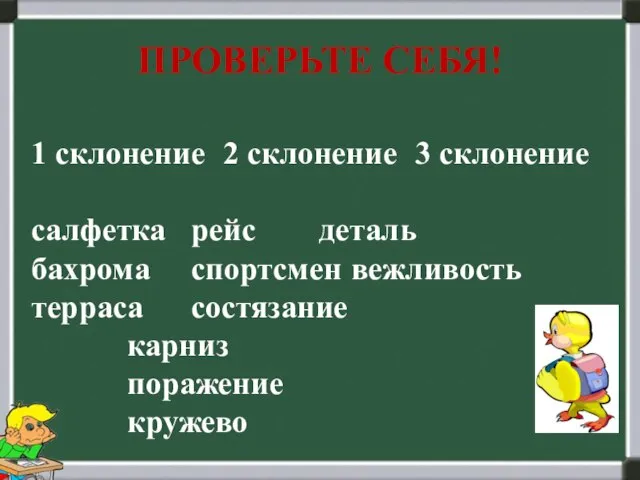 ПРОВЕРЬТЕ СЕБЯ! 1 склонение 2 склонение 3 склонение салфетка рейс деталь бахрома