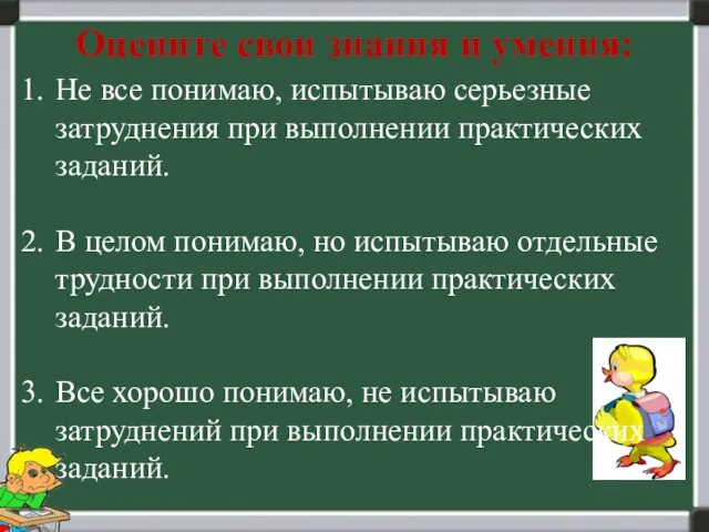 Оцените свои знания и умения: Не все понимаю, испытываю серьезные затруднения при