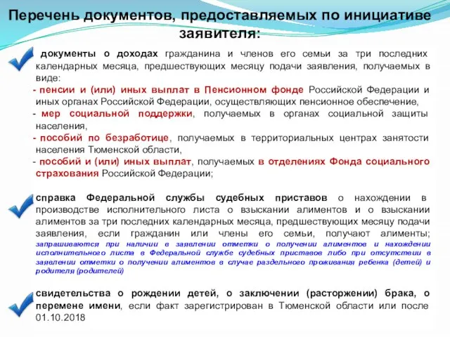 Перечень документов, предоставляемых по инициативе заявителя: документы о доходах гражданина и членов