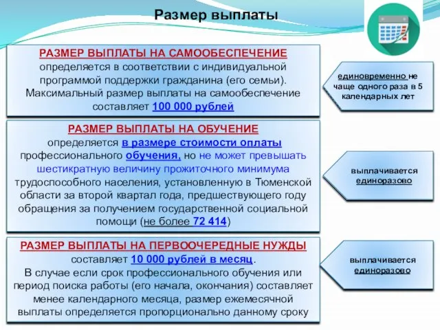 Размер выплаты РАЗМЕР ВЫПЛАТЫ НА САМООБЕСПЕЧЕНИЕ определяется в соответствии с индивидуальной программой