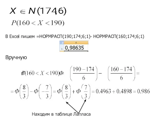 В Excel пишем =НОРМРАСП(190;174;6;1)- НОРМРАСП(160;174;6;1) Вручную Находим в таблице Лапласа