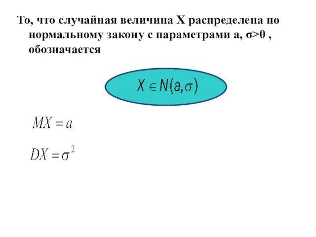 То, что случайная величина Х распределена по нормальному закону с параметрами a, σ>0 , обозначается