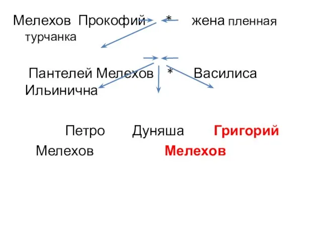 Мелехов Прокофий * жена пленная турчанка Пантелей Мелехов * Василиса Ильинична Петро Дуняша Григорий Мелехов Мелехов