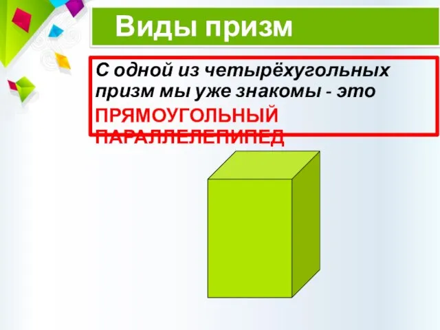 Виды призм С одной из четырёхугольных призм мы уже знакомы - это ПРЯМОУГОЛЬНЫЙ ПАРАЛЛЕЛЕПИПЕД