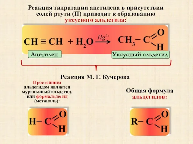 Уксусный альдегид Ацетилен Реакция М. Г. Кучерова Реакция гидратации ацетилена в присутствии