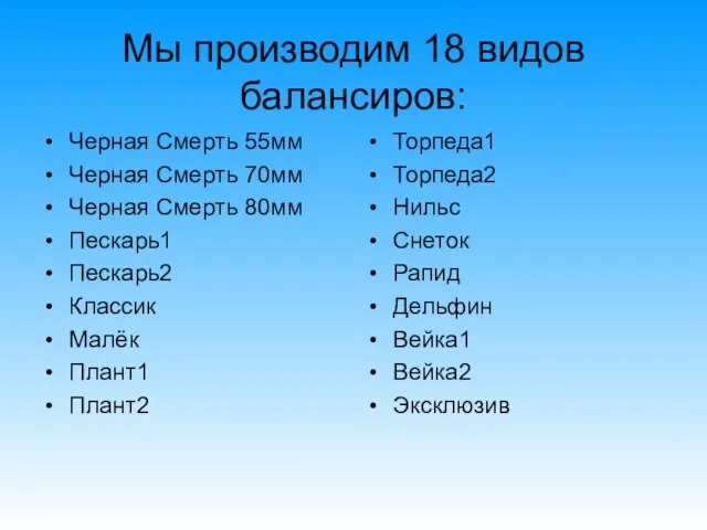 Мы производим 18 видов балансиров: Черная Смерть 55мм Черная Смерть 70мм Черная