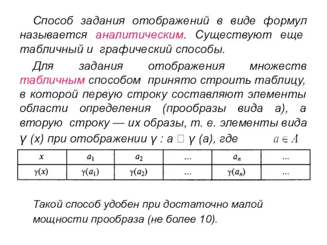 Способ задания отображений в виде формул называется аналитическим. Существуют еще табличный и