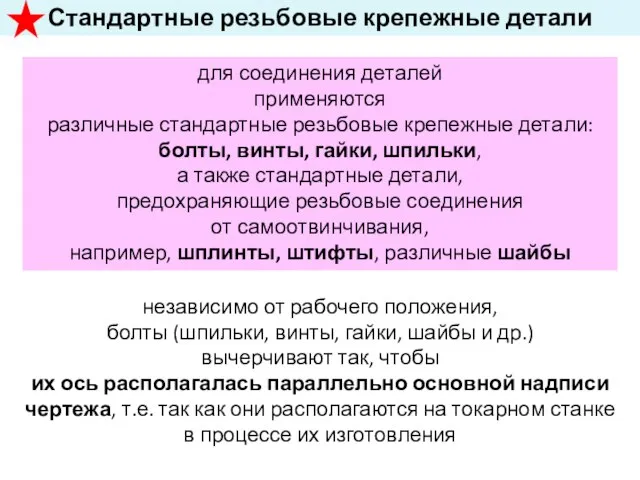 Стандартные резьбовые крепежные детали для соединения деталей применяются различные стандартные резьбовые крепежные