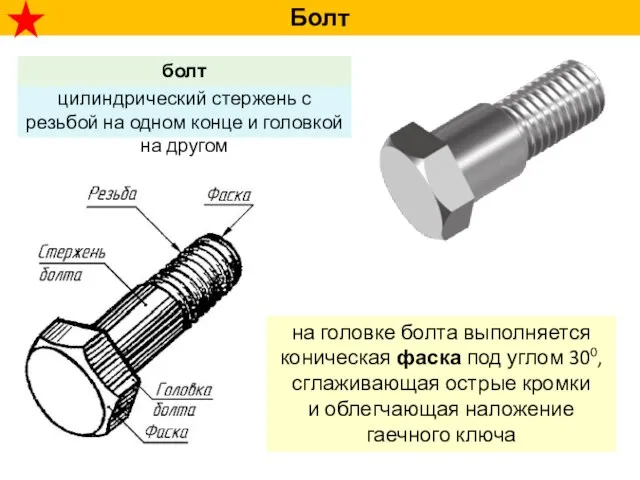 Болт на головке болта выполняется коническая фаска под углом 300, сглаживающая острые