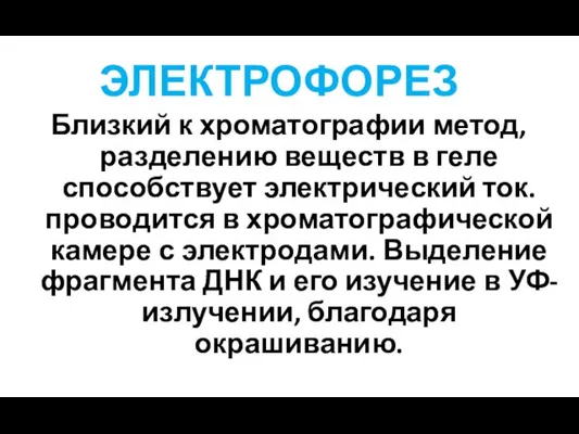 ЭЛЕКТРОФОРЕЗ Близкий к хроматографии метод, разделению веществ в геле способствует электрический ток.