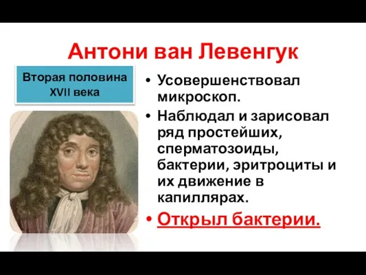 Антони ван Левенгук Усовершенствовал микроскоп. Наблюдал и зарисовал ряд простейших, сперматозоиды, бактерии,