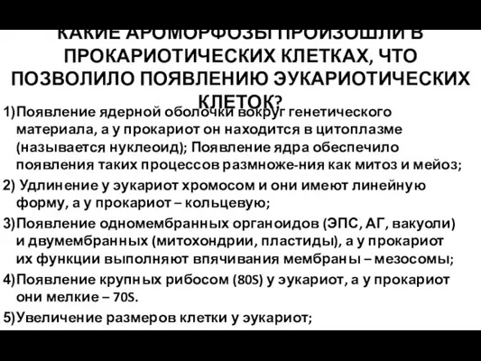 КАКИЕ АРОМОРФОЗЫ ПРОИЗОШЛИ В ПРОКАРИОТИЧЕСКИХ КЛЕТКАХ, ЧТО ПОЗВОЛИЛО ПОЯВЛЕНИЮ ЭУКАРИОТИЧЕСКИХ КЛЕТОК? Появление