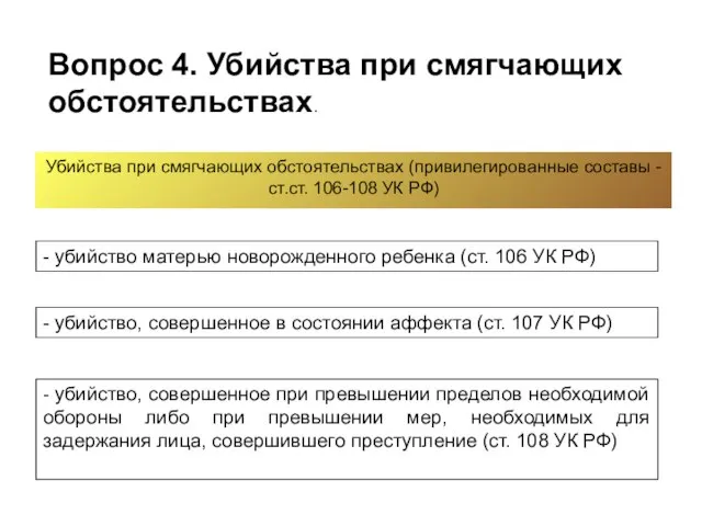 Убийства при смягчающих обстоятельствах (привилегированные составы - ст.ст. 106-108 УК РФ)‏ -