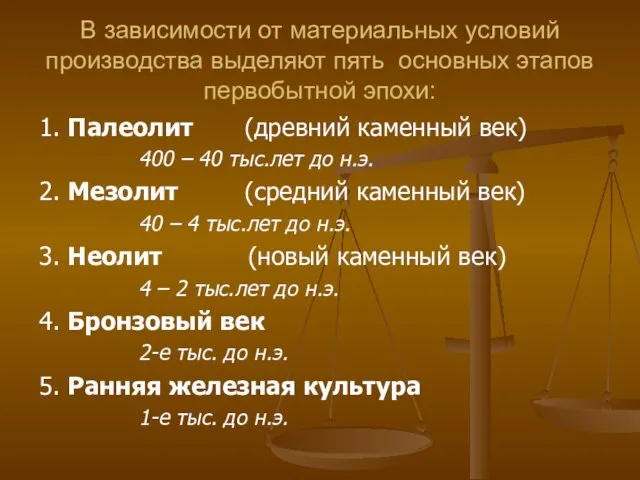 В зависимости от материальных условий производства выделяют пять основных этапов первобытной эпохи: