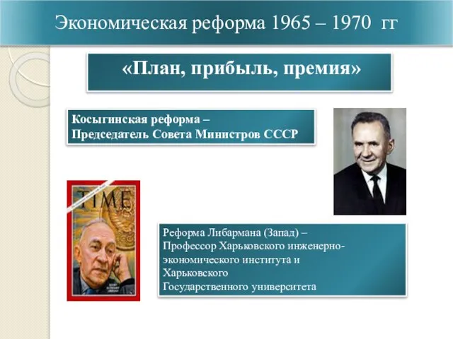 Экономическая реформа 1965 – 1970 гг «План, прибыль, премия» Косыгинская реформа –