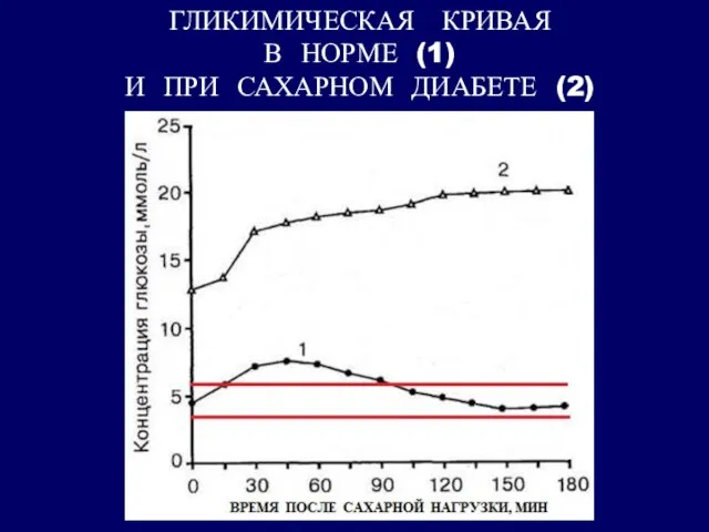 ГЛИКИМИЧЕСКАЯ КРИВАЯ В НОРМЕ (1) И ПРИ САХАРНОМ ДИАБЕТЕ (2)