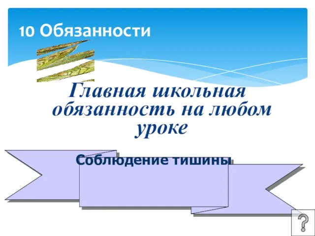 10 Обязанности Главная школьная обязанность на любом уроке Соблюдение тишины