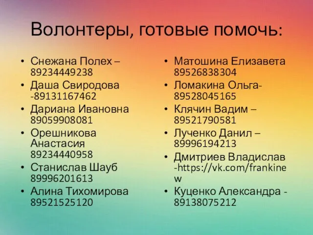 Волонтеры, готовые помочь: Снежана Полех – 89234449238 Даша Свиродова -89131167462 Дариана Ивановна