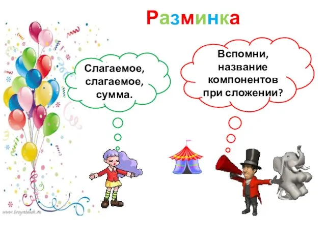 Разминка Вспомни, название компонентов при сложении? Слагаемое, слагаемое, сумма.