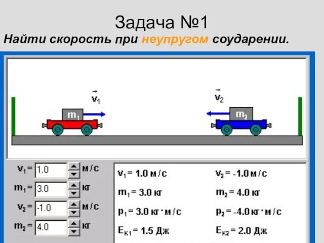 Задача №1 Найти скорость при неупругом соударении.