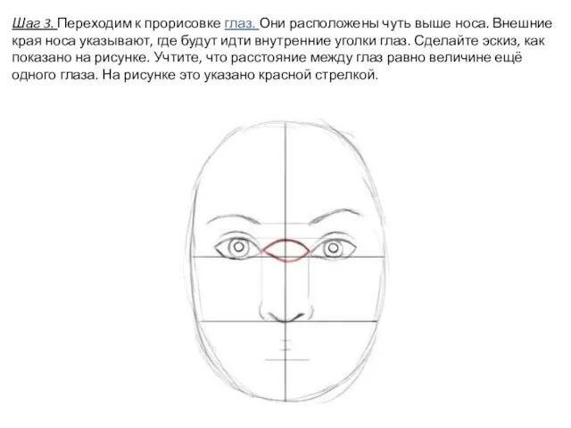 Шаг 3. Переходим к прорисовке глаз. Они расположены чуть выше носа. Внешние