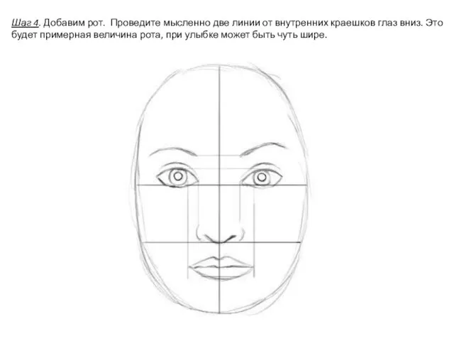 Шаг 4. Добавим рот. Проведите мысленно две линии от внутренних краешков глаз