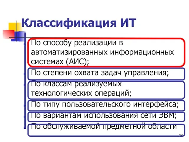 Классификация ИТ По способу реализации в автоматизированных информационных системах (АИС); По степени