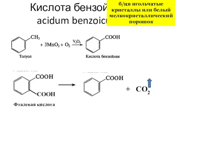 Кислота бензойная acidum benzoicum СOOH Фталевая кислота + СО2 б/цв игольчатые кристаллы или белый мелкокристаллический порошок