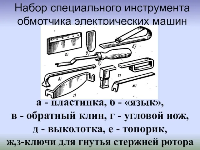 Набор специального инструмента обмотчика электрических машин а - пластинка, б - «язык»,