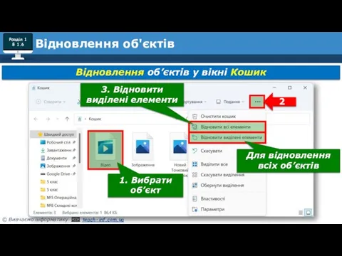 Розділ 1 § 1.6 Відновлення об'єктів Відновлення об’єктів у вікні Кошик 3.