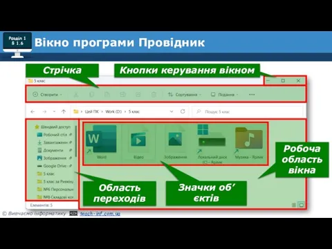 Розділ 1 § 1.6 Вікно програми Провідник Область переходів Стрічка Кнопки керування