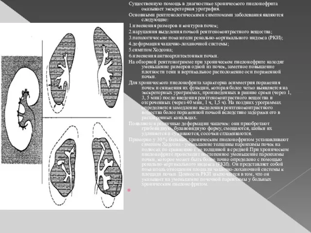 Существенную помощь в диагностике хронического пиелонефрита оказывает экскреторная урография. Основными рентгенологическими симптомами