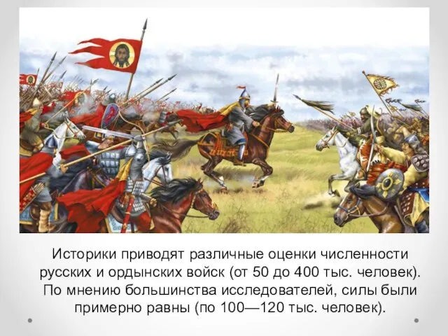 Историки приводят различные оценки численности русских и ордынских войск (от 50 до