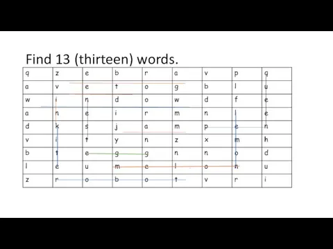 Find 13 (thirteen) words.