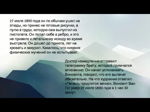 27 июля 1890 года он по обычаю ушел на этюды, но принес