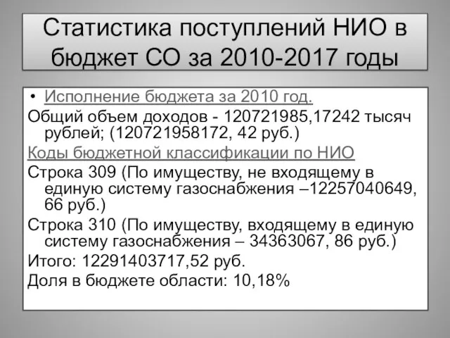 Статистика поступлений НИО в бюджет СО за 2010-2017 годы Исполнение бюджета за