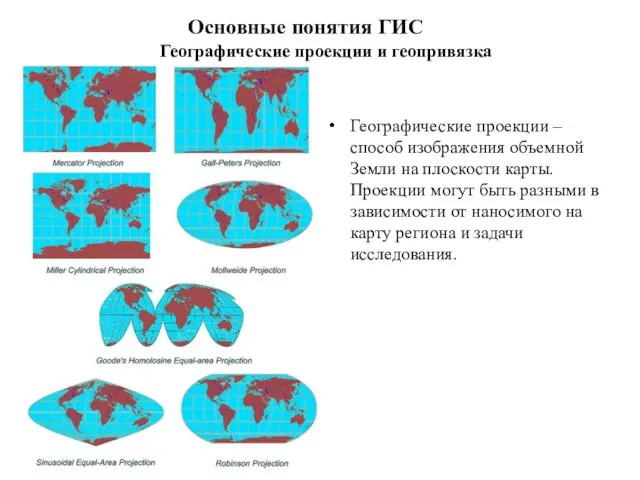 Географические проекции и геопривязка Основные понятия ГИС Географические проекции – способ изображения