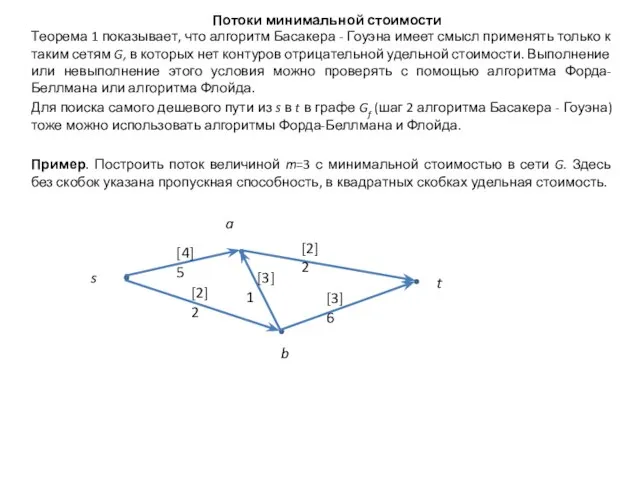 Потоки минимальной стоимости Теорема 1 показывает, что алгоритм Басакера - Гоуэна имеет