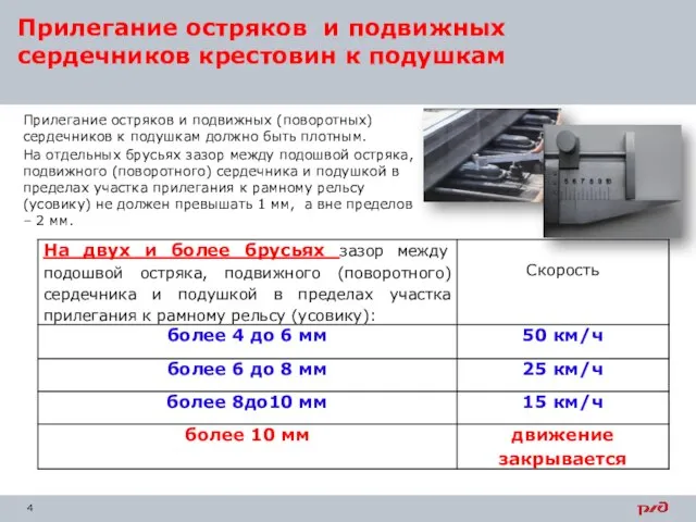 Прилегание остряков и подвижных (поворотных) сердечников к подушкам должно быть плотным. На