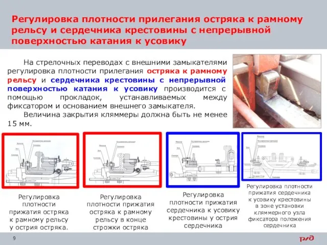 Регулировка плотности прилегания остряка к рамному рельсу и сердечника крестовины с непрерывной