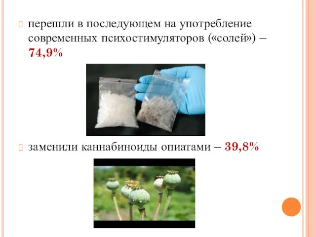 перешли в последующем на употребление современных психостимуляторов («солей») – 74,9% заменили каннабиноиды опиатами – 39,8%