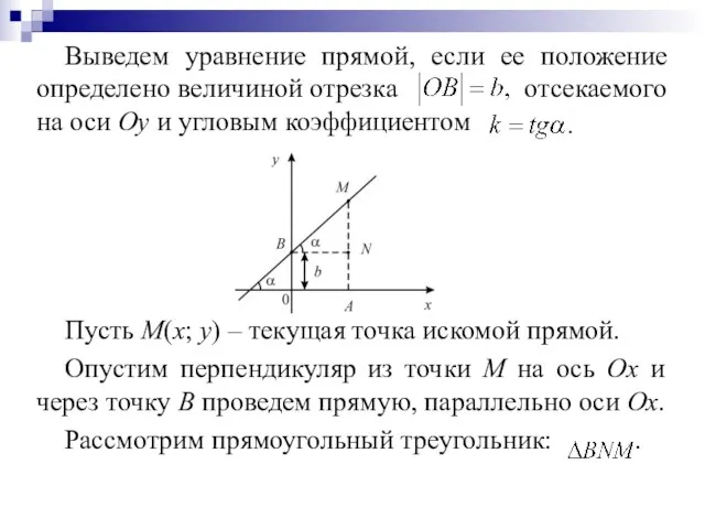 Выведем уравнение прямой, если ее положение определено величиной отрезка отсекаемого на оси