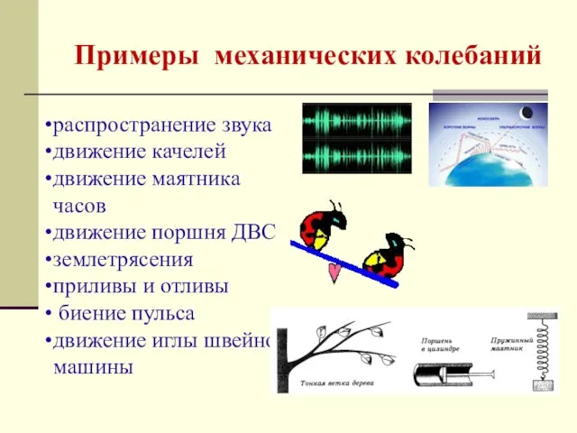 Примеры механических колебаний распространение звука движение качелей движение маятника часов движение поршня