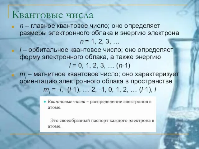 Квантовые числа n – главное квантовое число; оно определяет размеры электронного облака