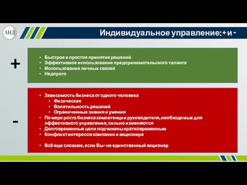 Индивидуальное управление: + и - Быстрое и простое принятие решений Эффективное использование