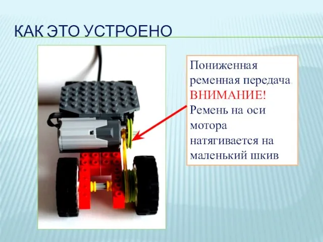 КАК ЭТО УСТРОЕНО Пониженная ременная передача. ВНИМАНИЕ! Ремень на оси мотора натягивается на маленький шкив