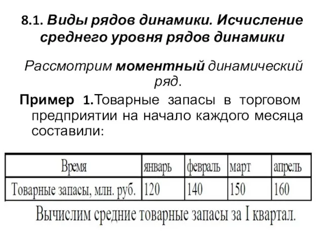 8.1. Виды рядов динамики. Исчисление среднего уровня рядов динамики Рассмотрим моментный динамический