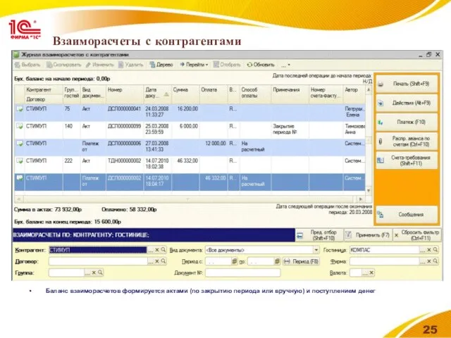 Взаиморасчеты с контрагентами Баланс взаиморасчетов формируется актами (по закрытию периода или вручную) и поступлением денег