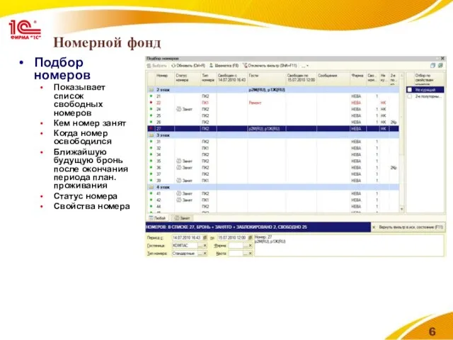 Номерной фонд Подбор номеров Показывает список свободных номеров Кем номер занят Когда
