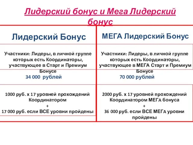 Лидерский бонус и Мега Лидерский бонус Лидерский Бонус МЕГА Лидерский Бонус Участники: